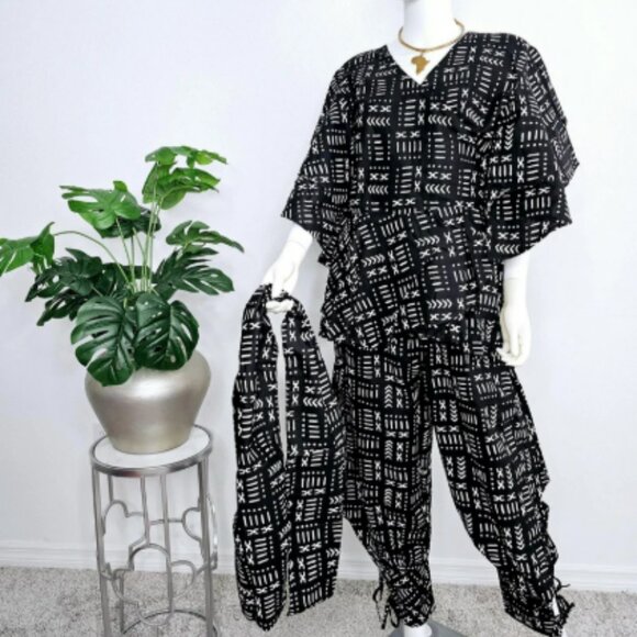 African Print Harem Pants Set / Wrap Blouse Ruffle Sleeves / Headwrap 3 Piece Se - Picture 3 of 9